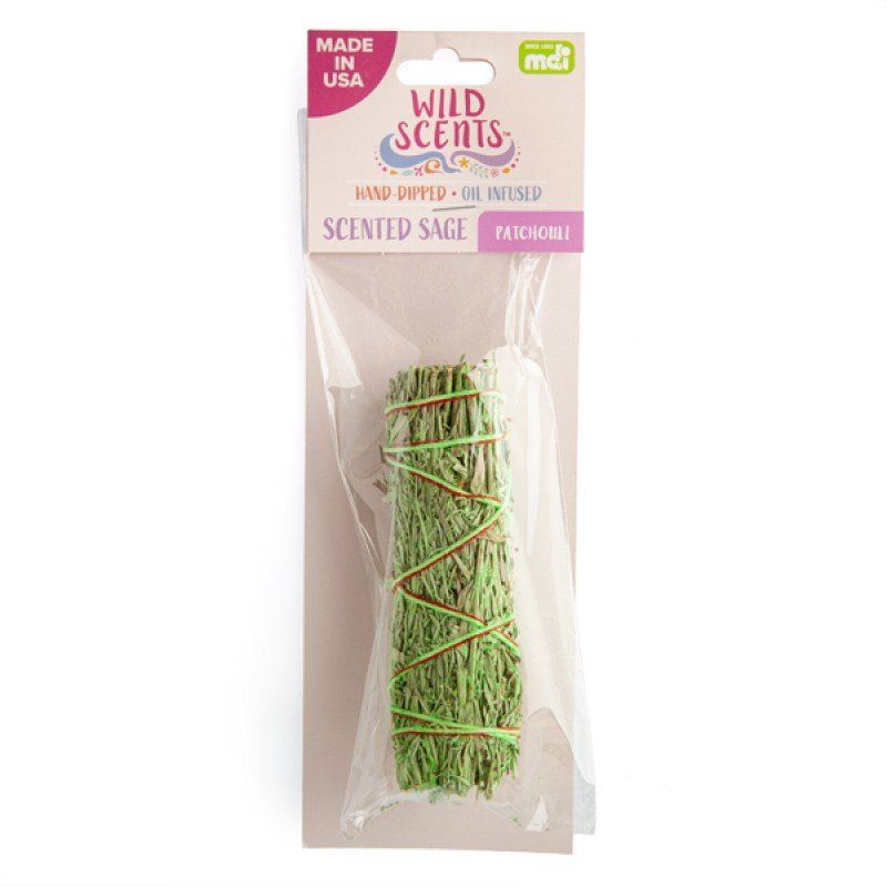 Sage smudge stick infused with patchouli, perfect for cleansing and creating a serene atmosphere.