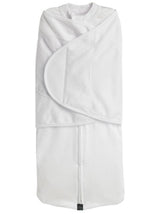 Dreamswaddle in plain white, designed for infants 7-14 lbs, featuring a double wrap system and easy diaper access.