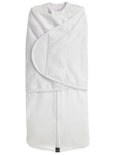 Dreamswaddle in plain white, a large cotton swaddle ensuring secure, comfortable sleep for babies 15-22 lbs.