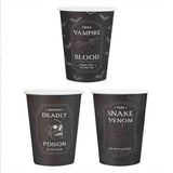 Black paper party cups with spooky potion labels, ideal for Halloween celebrations and eco-friendly gatherings.