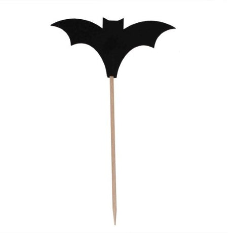 Black bat-themed cocktail sticks for Halloween, 10cm tall, eco-friendly, perfect for spooky drinks and appetizers.