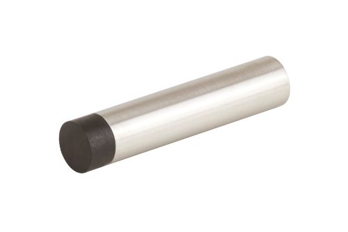 Wall-mounted cylindrical door stop in brushed stainless steel, designed to protect walls while enhancing interior decor.