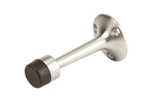 Satin stainless steel door stop, 36 x 74mm, designed to prevent slamming and protect walls in any decor style.