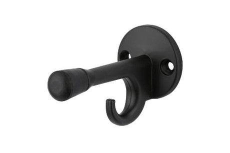 Wall-mounted black powder-coated coat hook and door stop, combining elegant design with functional storage for modern spaces.
