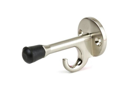 Satin nickel wall-mounted coat hook door stop, combining style and functionality for hanging coats and bags.