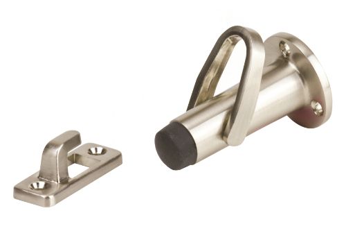 Wall-mounted door stop in satin nickel, designed to keep doors open securely without damage, includes fixings for easy installation.