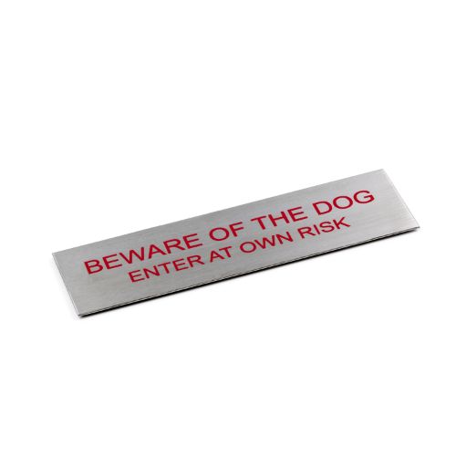 Adhesive red "Beware Of The Dog" sign in brushed stainless steel, 170 x 50 mm for stylish safety warnings.