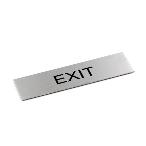 Black adhesive "Exit" sign, 170x50mm in brushed stainless steel, designed for clear visibility and easy installation.