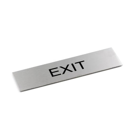Black adhesive "Exit" sign, 170x50mm in brushed stainless steel, designed for clear visibility and easy installation.