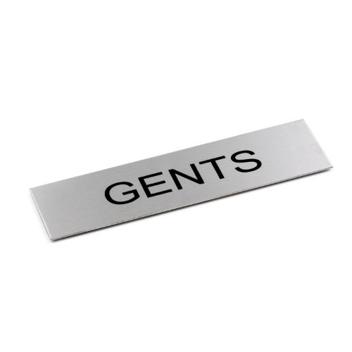 Sleek brushed stainless steel "Gents" sign with adhesive backing, ideal for restrooms, measuring 170 x 50 mm.