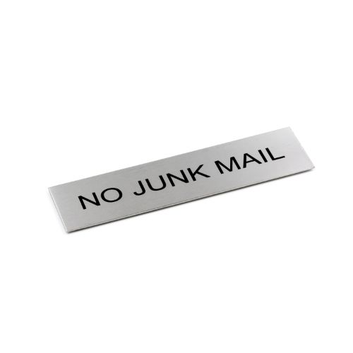 Adhesive "No Junk Mail" sign in brushed stainless steel, 170 x 50mm, perfect for reducing unwanted correspondence.