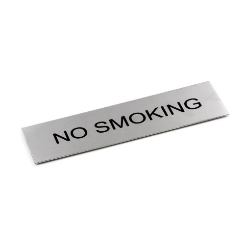 Adhesive 'No Smoking' sign in brushed stainless steel, 170 x 50 mm, designed for indoor and outdoor use.