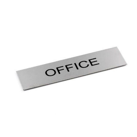 Adhesive "Office" sign in brushed stainless steel, 170 x 50 mm, with easy-peel adhesive backing for simple installation.