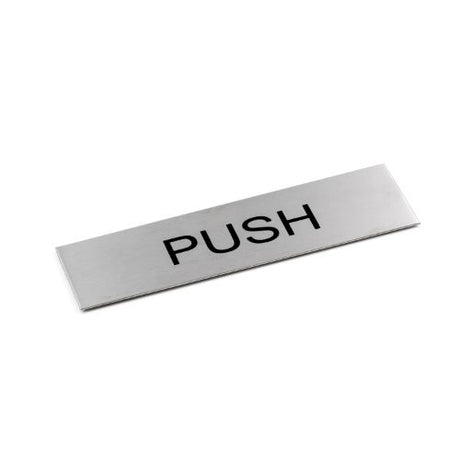 Adhesive 'Push' sign in brushed stainless steel, 170 x 50 mm, perfect for stylish directional signage in any space.