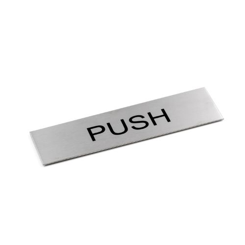 Adhesive 'Push' sign in brushed stainless steel, 170 x 50 mm, perfect for stylish directional signage in any space.