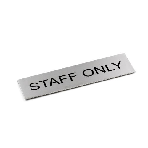 Sleek black "Staff Only" sign in brushed stainless steel, measuring 170 x 50 mm, ideal for exclusive staff areas.