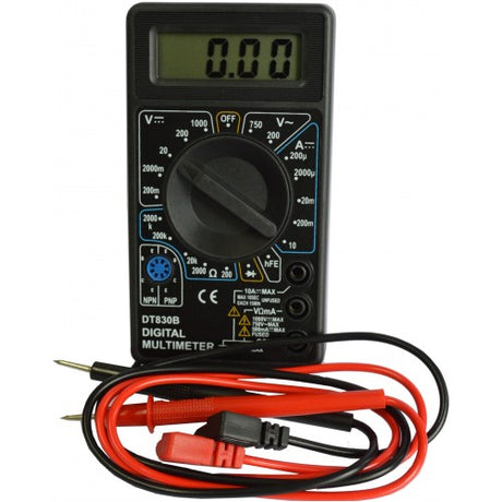 Compact Ac/DC Digital Multimeter Allied #DT-830B with 3.5-digit LCD, measures voltage, current, resistance, and more.