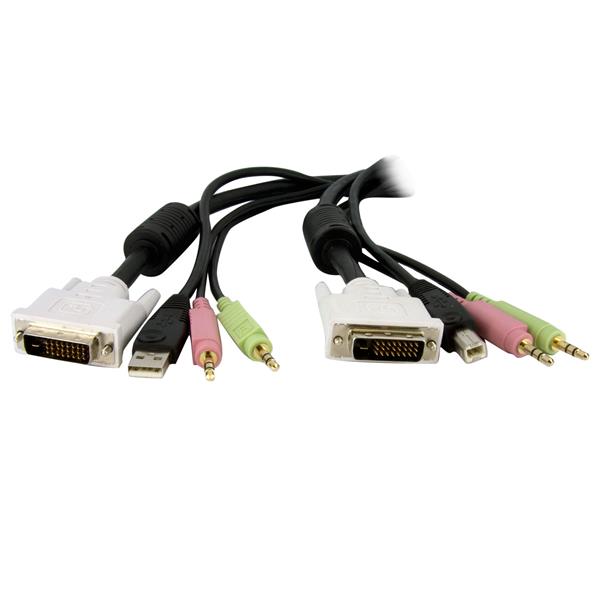 KVM cable integrates dual link DVI, USB, and audio in a 1.8m length for seamless dual computer connectivity.