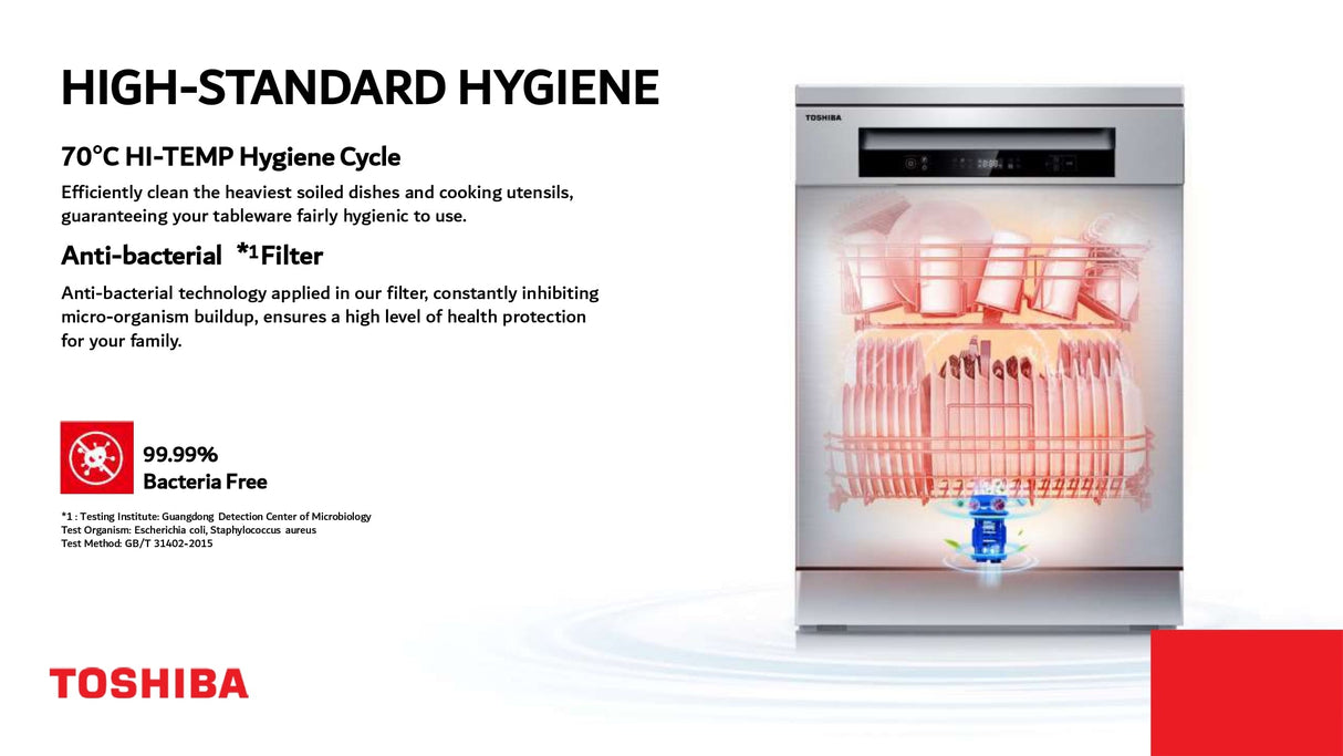 Midea TOSHIBA DW-14F1(SS) freestanding dishwasher, stainless steel finish, 14 settings, 70°C hygiene cycle, child lock feature.