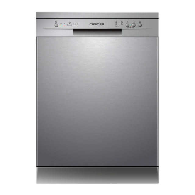 Stainless steel 600mm freestanding Parmco dishwasher with 12 place settings, 5 wash programs, and quiet 52dB operation.