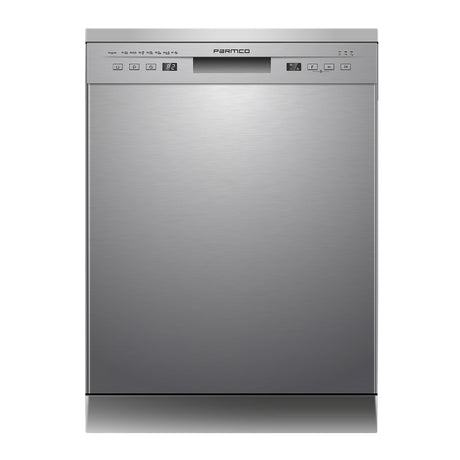 Stainless steel Parmco 600mm freestanding dishwasher with 14 place settings, 7 wash programs, and advanced safety features.