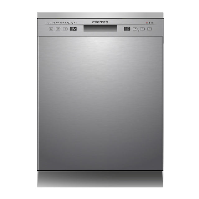 Stainless steel Parmco 600mm freestanding dishwasher with 14 place settings, 7 wash programs, and advanced safety features.