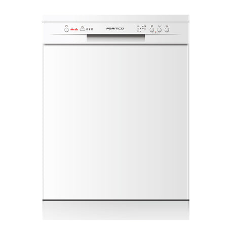 White Parmco 600mm Freestanding Dishwasher with 12-place capacity, 5 wash programs, and energy-efficient rating.