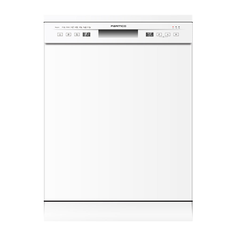 White Parmco 600mm Freestanding Dishwasher with 14 place settings, 7 wash programmes, Delay Start, and quiet 52dB operation.