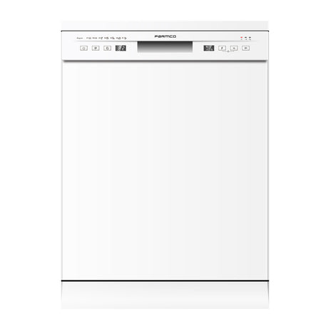 White Parmco 600mm Freestanding Dishwasher with 14 place settings, 7 wash programmes, Delay Start, and quiet 52dB operation.