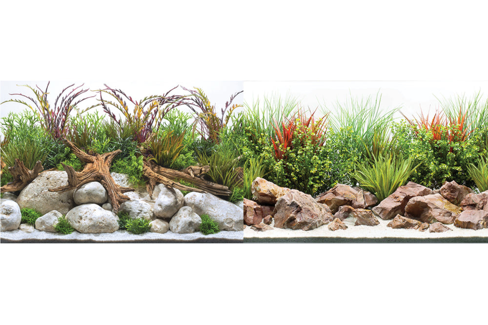 Aquarium background roll featuring coastal hues and river textures for a vibrant, professional look. Perfect for all tank sizes.