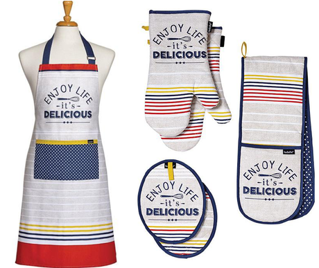 Stylish 2-piece pot holders in golden dusk design, made with cotton and polyester fill for hot cookware safety and comfort.