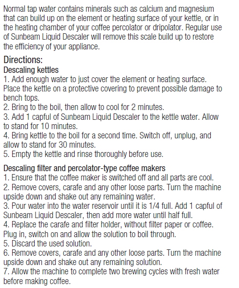 Sunbeam Liquid Descaler 250ml, designed to eliminate limescale and restore appliance efficiency for optimal performance.