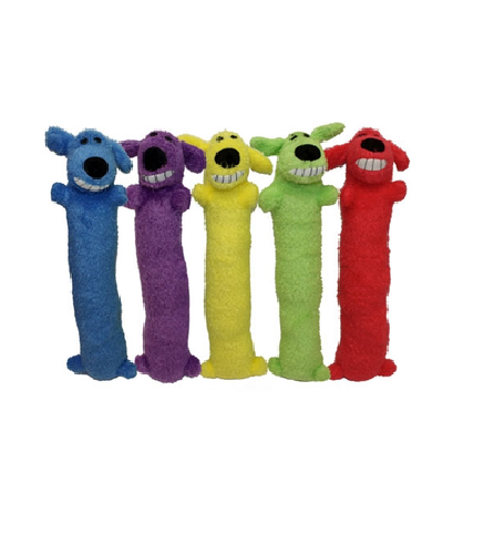 15cm plush Loofa Dog toy with squeaker, soft poly-fill, available in vibrant random colors for playful pet comfort.