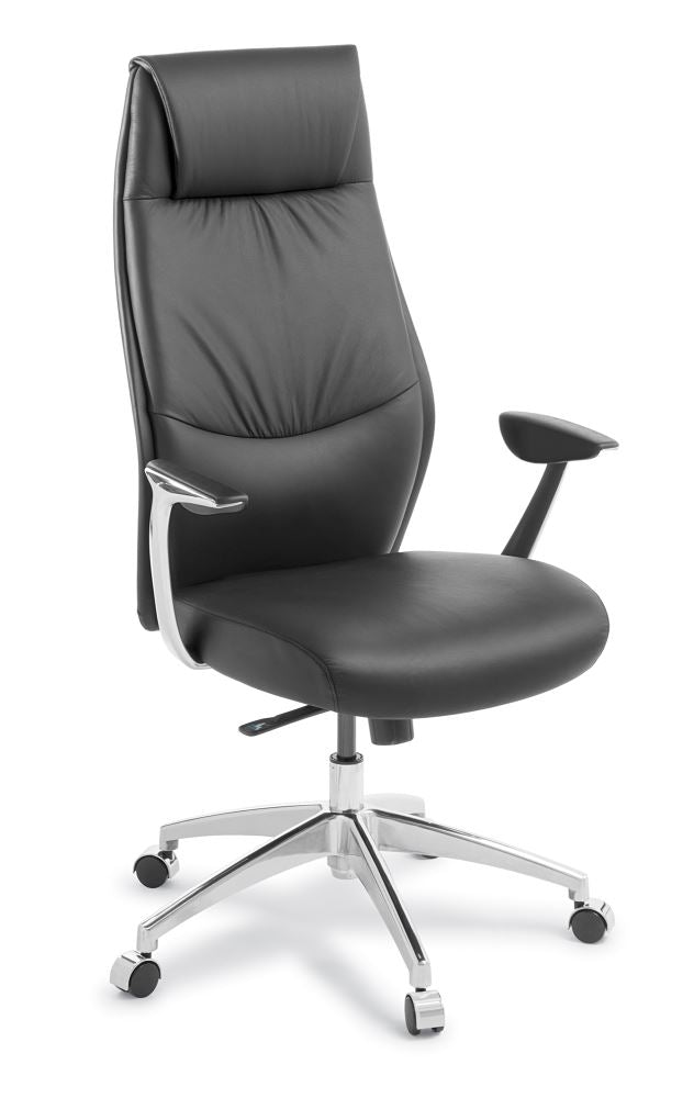Elegant high-back leather boardroom chair with polished aluminium base, supportive design, and synchro reclining mechanism.