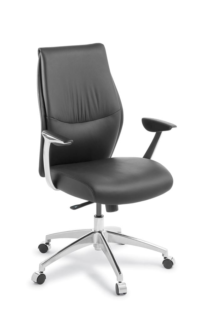 Elegant black leather midback boardroom chair with ergonomic support and polished aluminium base, ideal for professional settings.