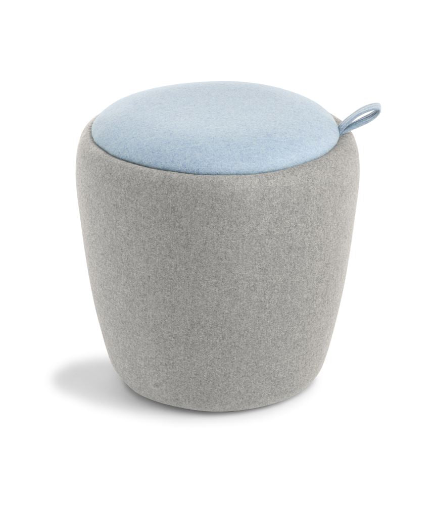 Upholstered dome ottoman in Augustus Dew with a playful design, padded seat, and carry handle for easy movement.