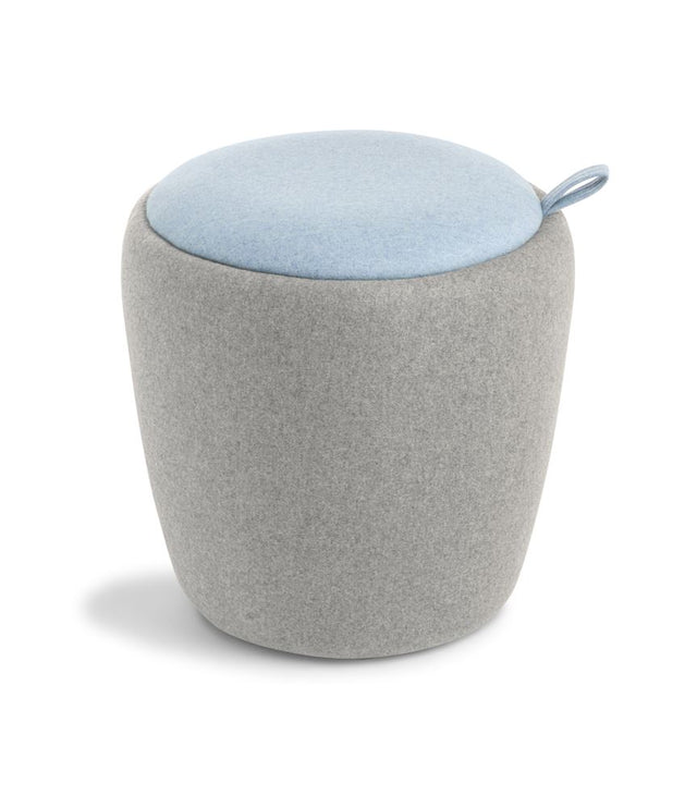 Upholstered dome ottoman in Augustus Dew with a playful design, padded seat, and carry handle for easy movement.
