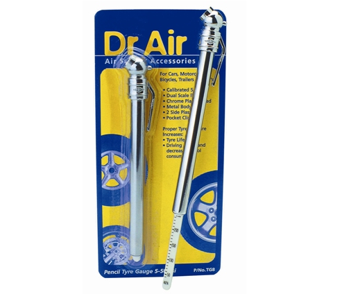 Dr Air Pencil Tyre Gauge with chrome head, measures up to 50PSI, dual scale display for kg/lbs, ideal for cars and vans.