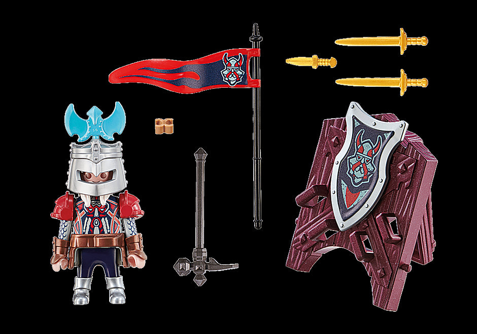 Playmobil Dwarf Knight figure with helmet, shield, swords, and hammer, perfect for imaginative play and epic battles.