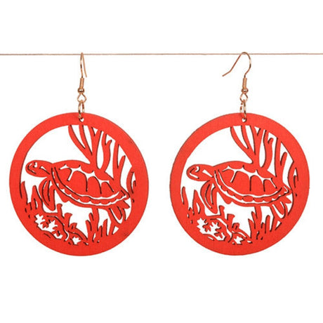 Red Turtle Earrings made from high-quality wood, featuring a vibrant red turtle design, lightweight and perfect for everyday wear.