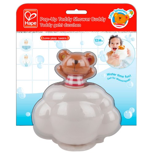 Colorful Hape Pop-Up Teddy toy for toddlers, designed for fun bath time adventures and imaginative play.