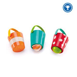 Colorful Hape Happy Buckets Set for toddlers, featuring three water drainage buckets for fun and engaging bath play.