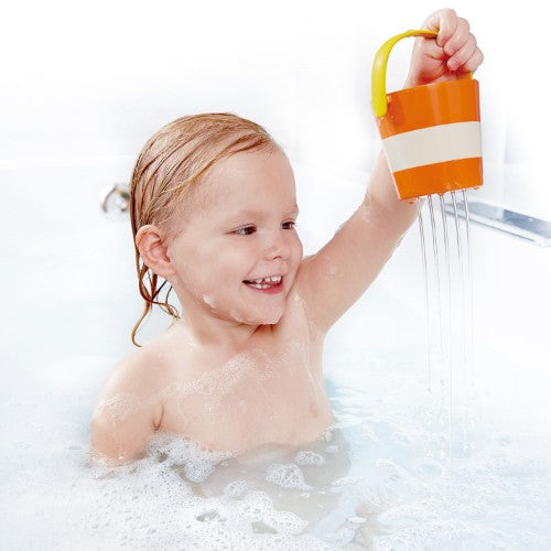 Colorful Hape Happy Buckets Set for toddlers, featuring three unique buckets for interactive bath play and sensory exploration.