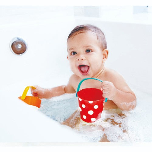 Colorful Hape Happy Buckets Set for bath play, featuring three drainage buckets perfect for sensory exploration and fine motor skills.