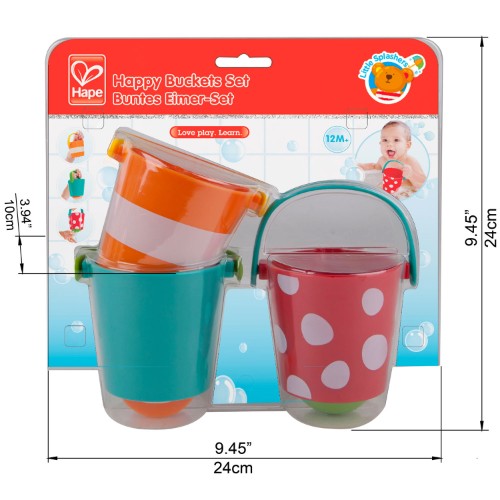 Colorful Hape Happy Buckets Set for bath time fun; features three interactive buckets for sensory water play and motor skill development.