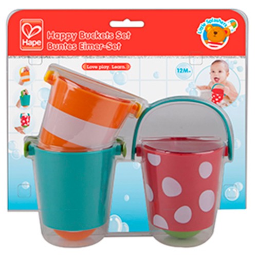 Colorful Hape Happy Buckets Set for bath time fun; includes three buckets with drainage for sensory play and fine motor skill development.