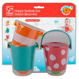 Colorful Hape Happy Buckets Set for bath time fun; includes three buckets with drainage for sensory play and fine motor skill development.