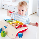 Hape Shape Sorter Xylophone features vibrant colors, musical elements, and shape sorting for toddlers' learning and fun.