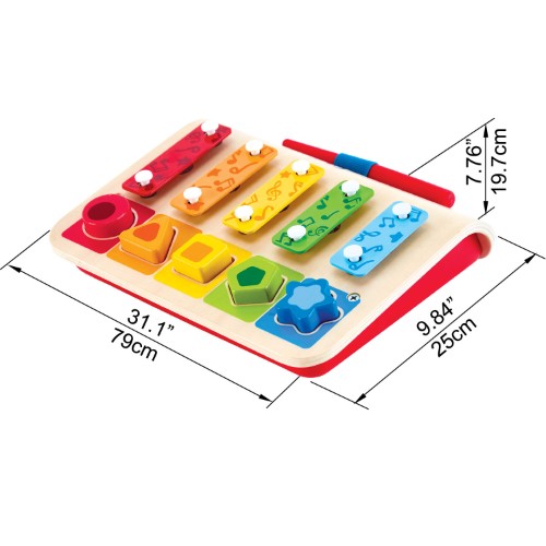 Colorful wooden xylophone and shape sorter combo, promoting musical play and fine motor skills for toddlers 12+ months.