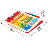 Colorful wooden xylophone and shape sorter combo, promoting musical play and fine motor skills for toddlers 12+ months.